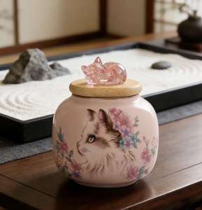 Ceramic Cat Keepsake Urn with Marble Figurine